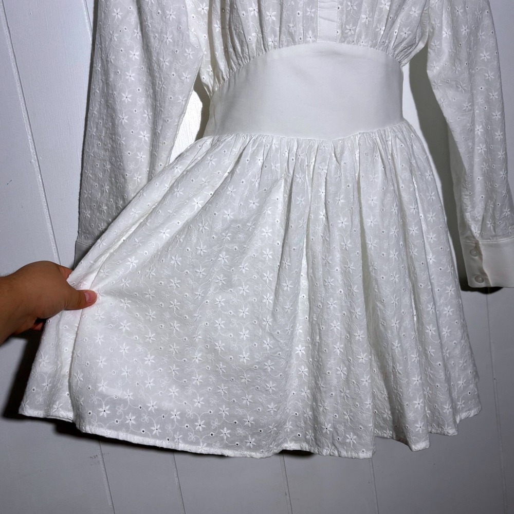 Miss Circle Gabriella White Eyelet Cotton Button Up Mini Long Sleeve Shirt Dress - Picture 5 of 12